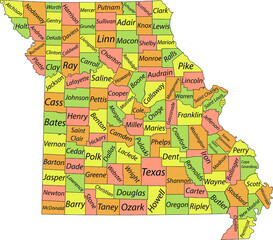 Pastel vector map of the Federal State of Missouri, USA with black borders and name tags of its counties