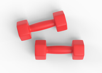 Two red plastic or metal dumbbells for fitness isolated on white background. Top view. Gym and fitness equipment. Workout tools. Sport training and lifting concept. 3D render illustration