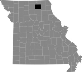 Black highlighted location map of the Adair County inside gray map of the Federal State of Missouri, USA