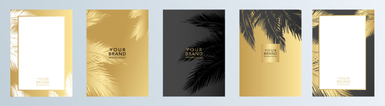 Tropical Cover Design Set With Abstract Palm Golden Leaves On Vector Background. Black, White Exotic Gold Branch Trees For Business Sale, Wedding Card, Luxury Menu Template, Holiday Flyer.