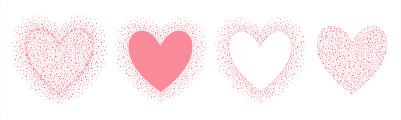 Dotted heart shapes set. Hearts made of tiny hand drawn uneven dots, blobs, spots, beads. Valentine's day decoration, dotty text background collection, frames. Wedding graphic design elements. - obrazy, fototapety, plakaty