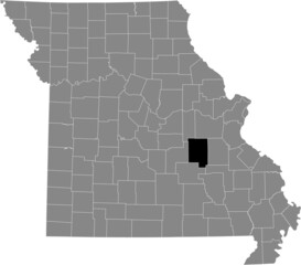 Black highlighted location map of the Crawford County inside gray map of the Federal State of Missouri, USA