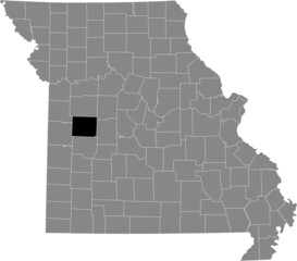 Black highlighted location map of the Henry County inside gray map of the Federal State of Missouri, USA