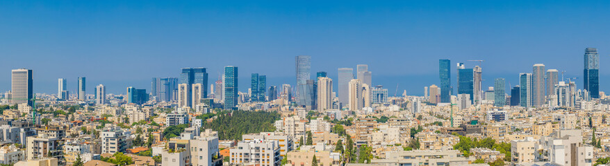 Fototapeta na wymiar Tel Aviv Skyline And Ramat Gan Cityscape at day. Aerial View, Tel Aviv Cityscape Panorama At Day, Israel