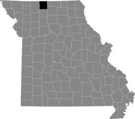 Black highlighted location map of the Mercer County inside gray map of the Federal State of Missouri, USA