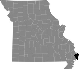 Obraz premium Black highlighted location map of the Mississippi County inside gray map of the Federal State of Missouri, USA