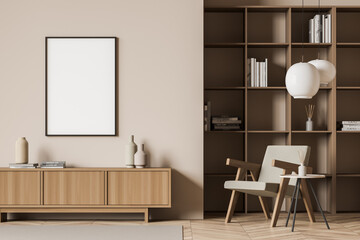 Empty canvas on beige living room wall with bookcase