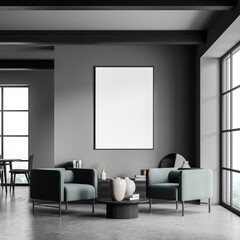 Empty framed mockup canvas with two green living room armchairs