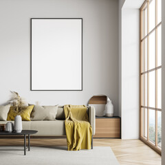 Light beige sofa in the white living room with a canvas