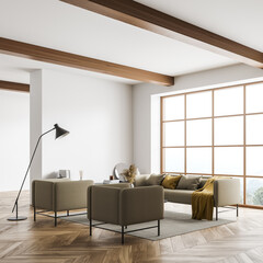 White living room with beige furniture and beam ceiling. Corner view.