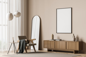 Canvas with living room sideboard and easy armchair near beige wall