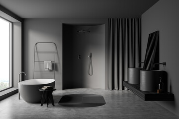 Fototapeta na wymiar Dark bathroom interior with bathtub, shower, sink, mirror, panoramic window