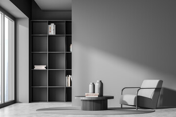 Dark living room interior with empty grey wall, panoramic window