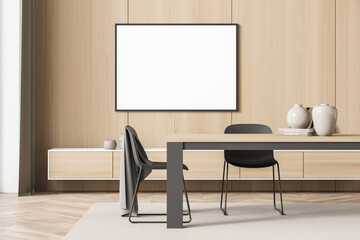 Horizontal canvas on wood wall of minimalist living room with table