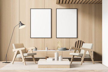 Two canvases in modern beige wood living room with seating area