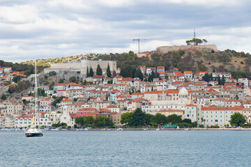 Old town Sibenik, Croatia viewed from the sea when arriving by ship