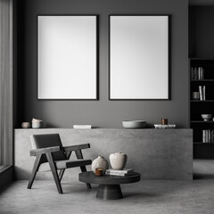 Two canvases on dark grey wall of living room seating with ledge