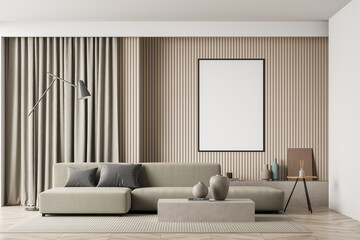 Bright living room interior with white empty poster, sofa