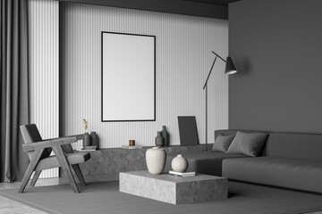 Corner view on dark living room interior with empty poster