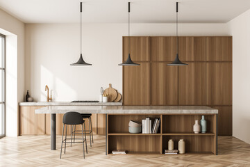 Close view on bright kitchen room interior with panoramic window - obrazy, fototapety, plakaty
