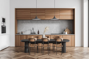 Kitchen room interior with dining table, six chairs