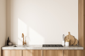 Close view on bright kitchen room interior with white wall