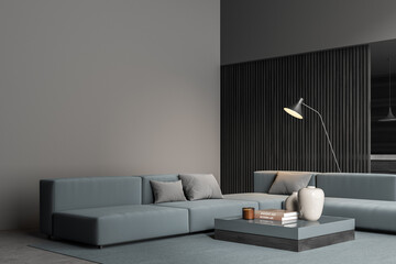 Corner of stylish grey living room with blue sofa
