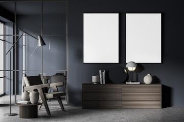 Two canvases in dark blue living room seating area with concrete flooring