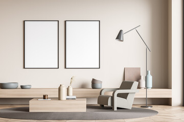 Two canvases on wall of beige living room: seating idea.