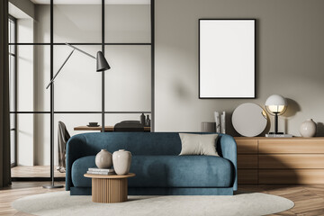 Canvas in beige living room with sideboard and accent blue sofa