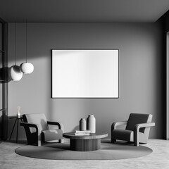 Dark living room interior with white empty poster, two armchairs