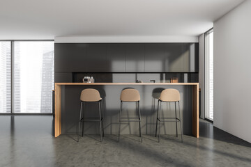 Black dark kitchen room interior with panoramic window, bar counter