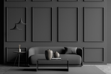 Dark grey living room with wall moulding and a sofa