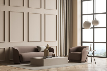 Modern panoramic beige living room with wall moulding - obrazy, fototapety, plakaty