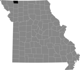 Black highlighted location map of the Worth County inside gray map of the Federal State of Missouri, USA