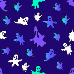 Hand drawn seamless Halloween pattern. The contours of lilac ghosts on a purple backgroundю Vector illustration.
