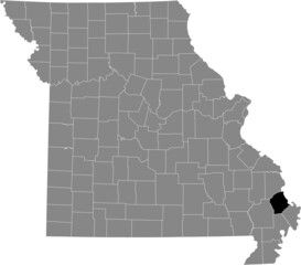 Black highlighted location map of the Scott County inside gray map of the Federal State of Missouri, USA