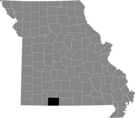 Black highlighted location map of the Taney County inside gray map of the Federal State of Missouri, USA