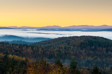 View from the Słonne Mountains to the Bieszczady Mountains at sunrise, Sanok, Wujskie, Bieszczady Mountains