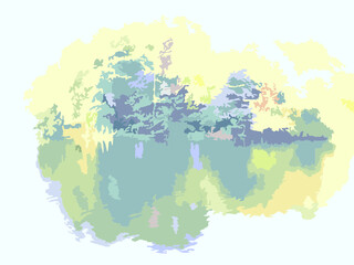 Autumn landscape with reflection in water on nuance shades. Sky, water and trees - beautiful forest or park motif for wallpaper, autumn compositions, backgrounds and textures