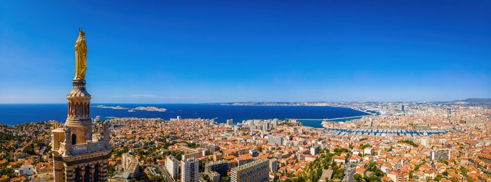 The aerial view of Basilique Notre-Dame-de-la-Garde in Marseille, a port city in southern France