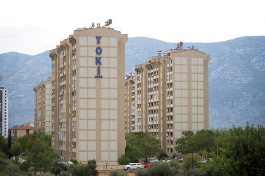 Antalya, Turkey - 09,15,2021: Antalya, Turkey - 09. 15.2021 TOKİ (Mass Housing Administration) is a public institution affiliated to the Ministry of Environment and Urbanization. 