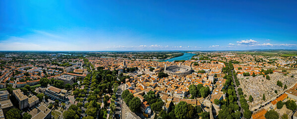 The aerail view of Arles, a city on the Rhône River in the Provence region of southern France