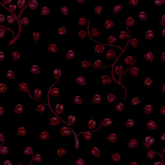 Gothic seamless pattern with hand drawn watercolor red leaves at black background.