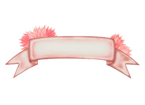 Hand Drawn Light Pink Watercolor Ribbon With Flowers Isolated At White Background For Banner.