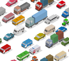 Traffic Jam. Isometric Cars for Illustration Seamless Pattern.