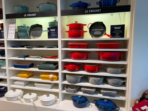 The Le Creuset pot and pan aisle at a Williams Sonoma store at an indoor mall in Orlando, Florida.