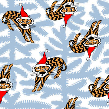 Seamless pattern with Christmas symbol 2022 tiger in red cap drawn by hand in winter forest. Animal of Chinese New Year. Wrapping paper, printing, textile, fabric, package, postcard, poster.