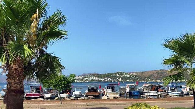 View of the embankment of a resort town in Turkey with boats moored at the pier, palm trees overlooking the mountains and the sea