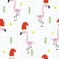 Christmas seamless pattern with funny flamingo. Holiday print. Vector hand drawn illustration.